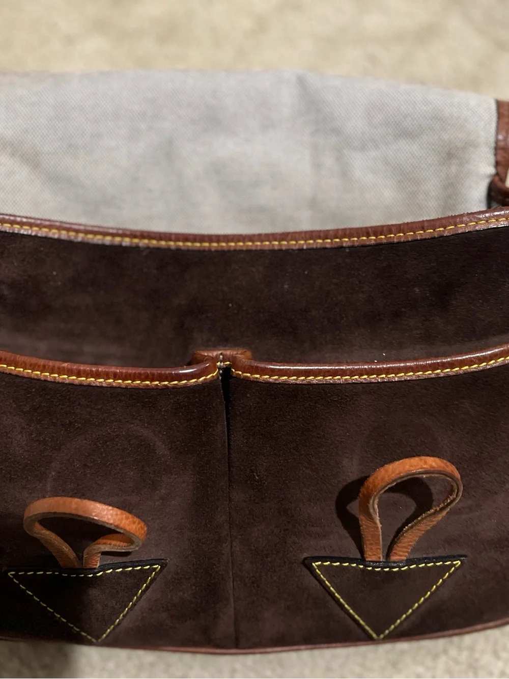 Vintage Dooney & Bourke Dark Brown Suede Crossbody with Tan Leather Accents - Picture 12 of 16